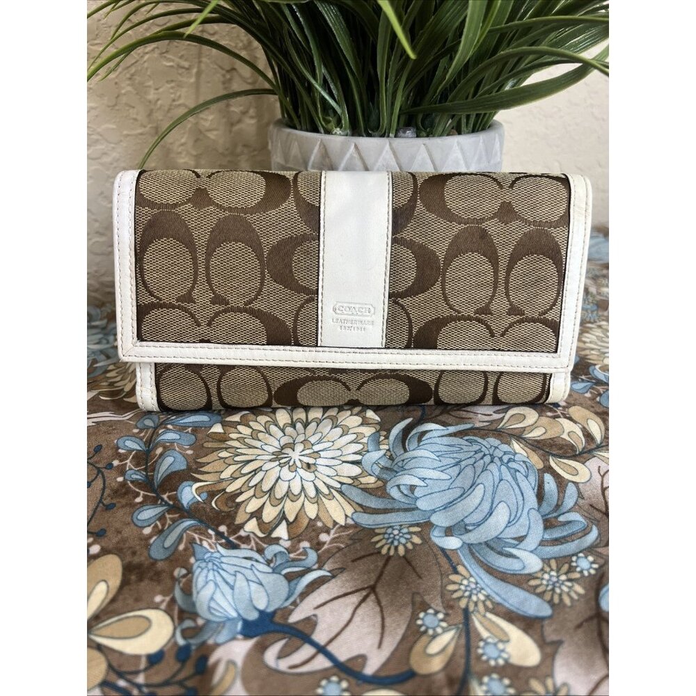Coach Women's Wallet W/Checkbook Cover Signature C Fabric, Leather, Pre-Owned